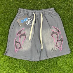 🔥 Hellstar Flame Sweat Shorts – Gray/Pink – Size M –