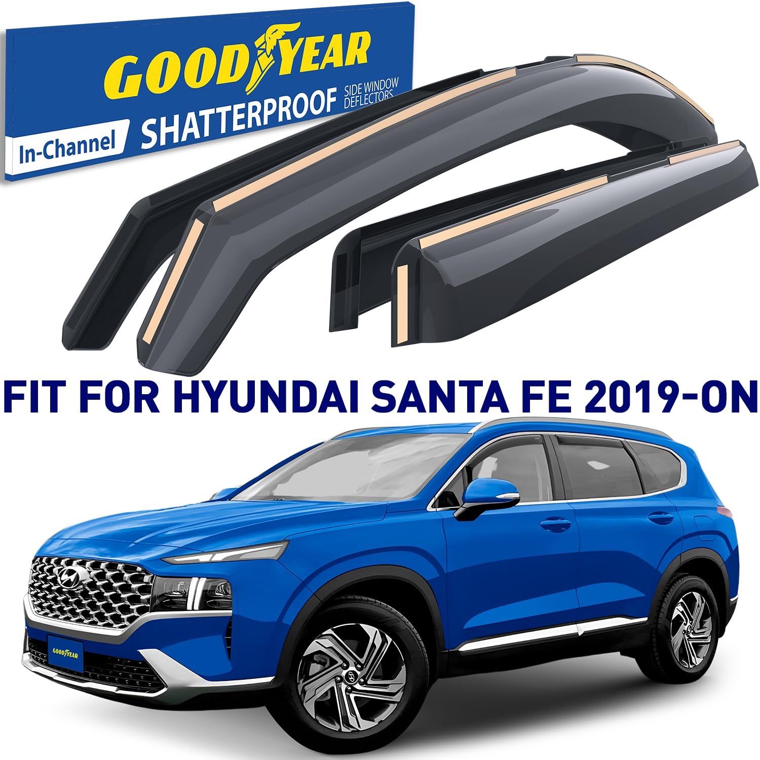 Goodyear Shatterproof in-Channel Window Deflectors for Hyundai Santa Fe 2019-2024, Rain Guards, Window Visors for Cars, Vent Deflector, Car Accessorie