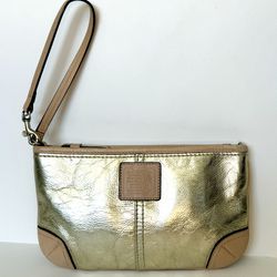 COACH Metallic Gold Leather Tan Trim Large Wristlet Mini Bag Clutch Purse 50169E