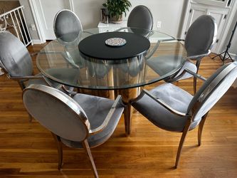 Luxury Thick Glass Dining Table Set with Rotating Lazy Susan & 6 Chairs