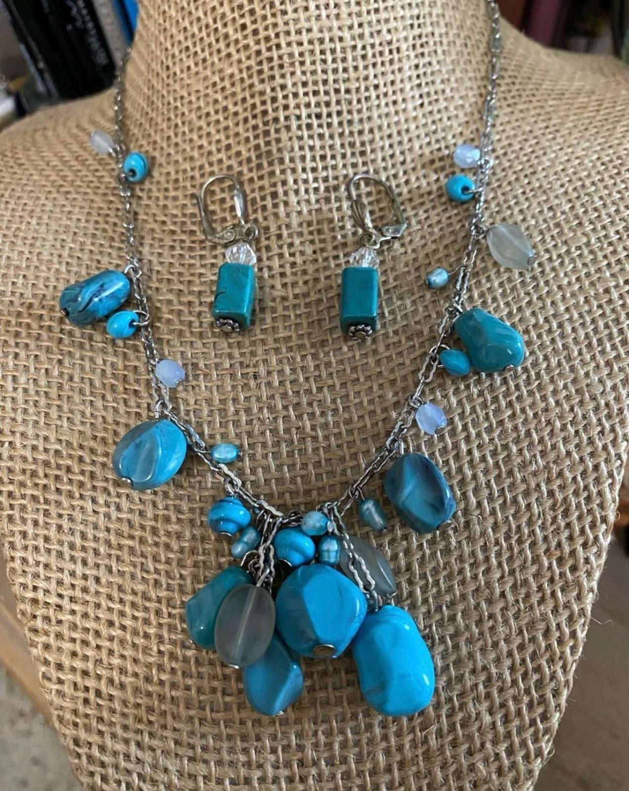 Juego Collar Aretes Stainless Piedras Cuarzo Joyería Antigua 