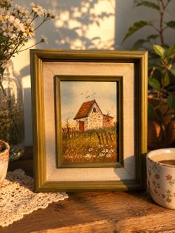 Vintage Original Wall Art Oil Painting Wood Framed Small Artwork Cottage Retro 