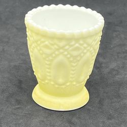 VTG  3” Yellow Coated White Milk Glass Votive Candle Holder Or Toothpick Holder   This vintage candle holder or toothpick holder is a beautiful additi
