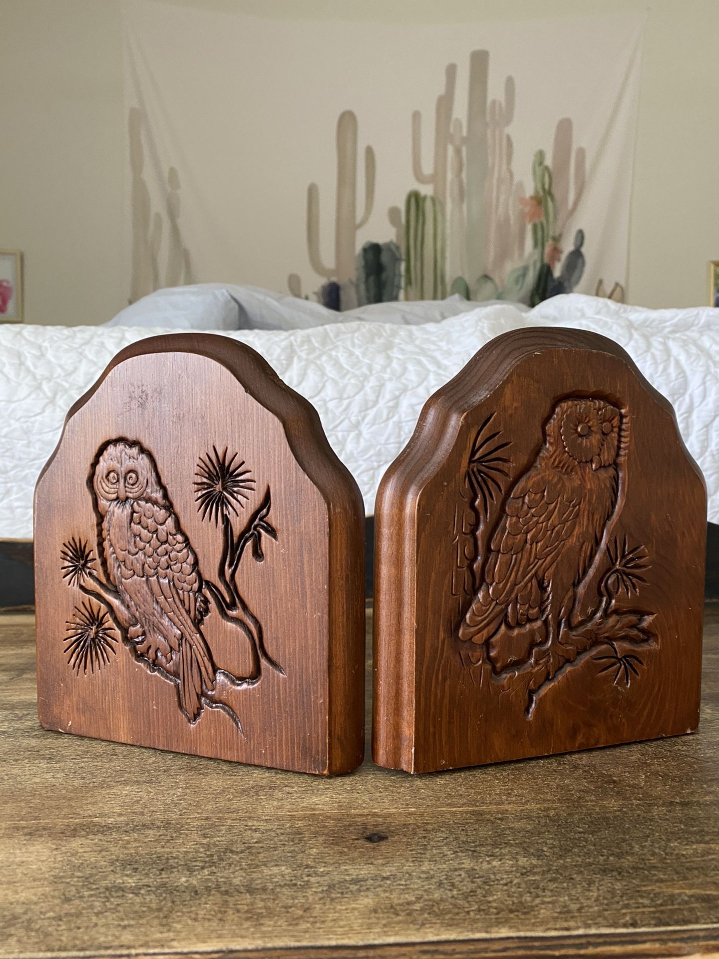 Vintage Midcentury MCM Carved Owl Bookends Brass