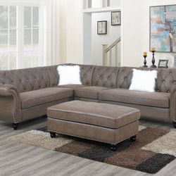 Brand New Brown Leather Retro Style Sectional Sofa (Ottoman Sold Separately)