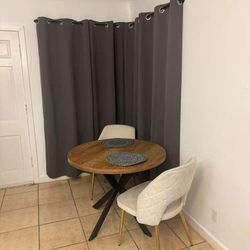 3 Piece Mid Century Modern Wood Dining Table Set - w/ 2 Off White Faux Fur Armchairs in Gold Metal Leg 