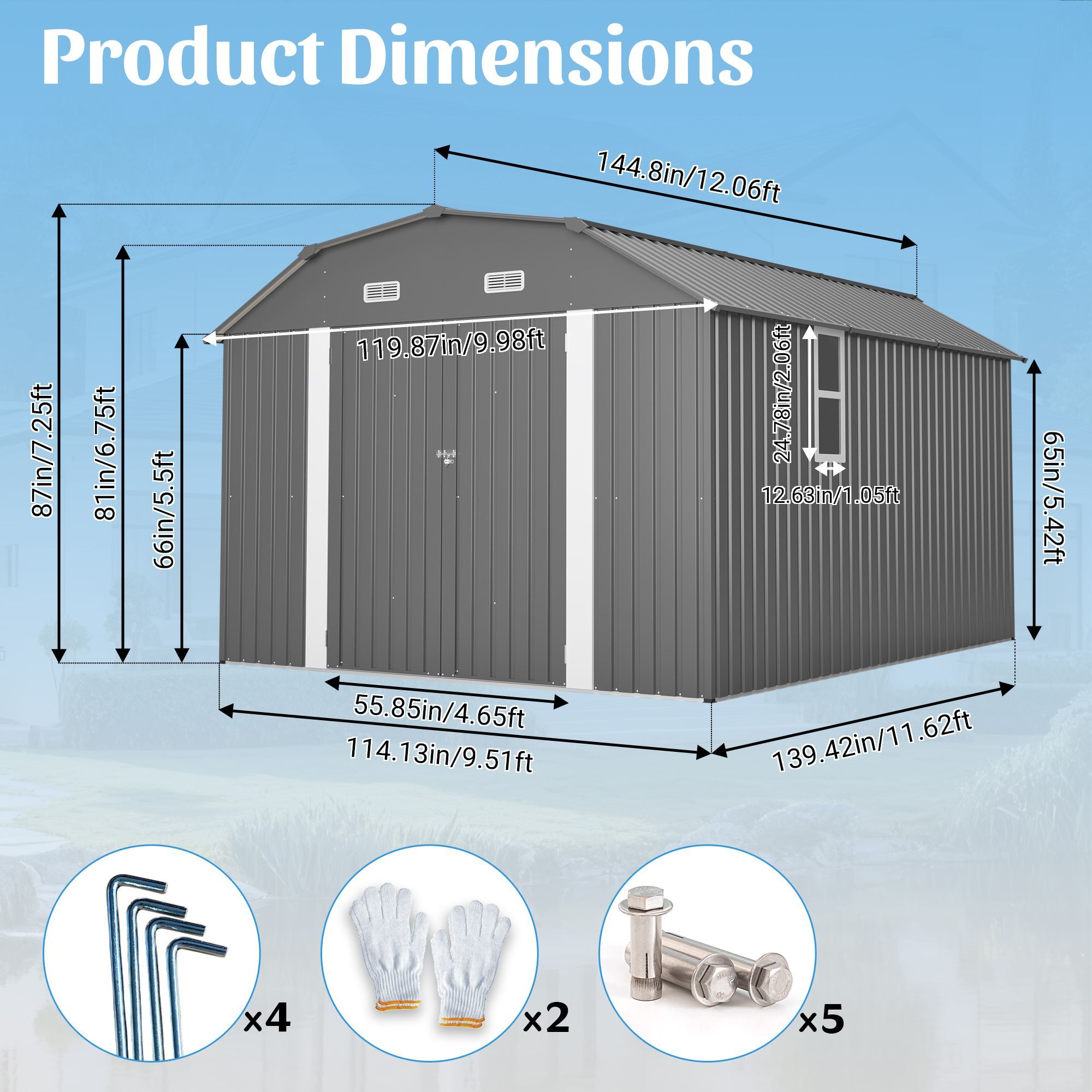 10x12 FT Gray Outdoor Storage Shed, Heavy Duty Rust-Resistant Steel Tool Shed with Floor Frame Kit