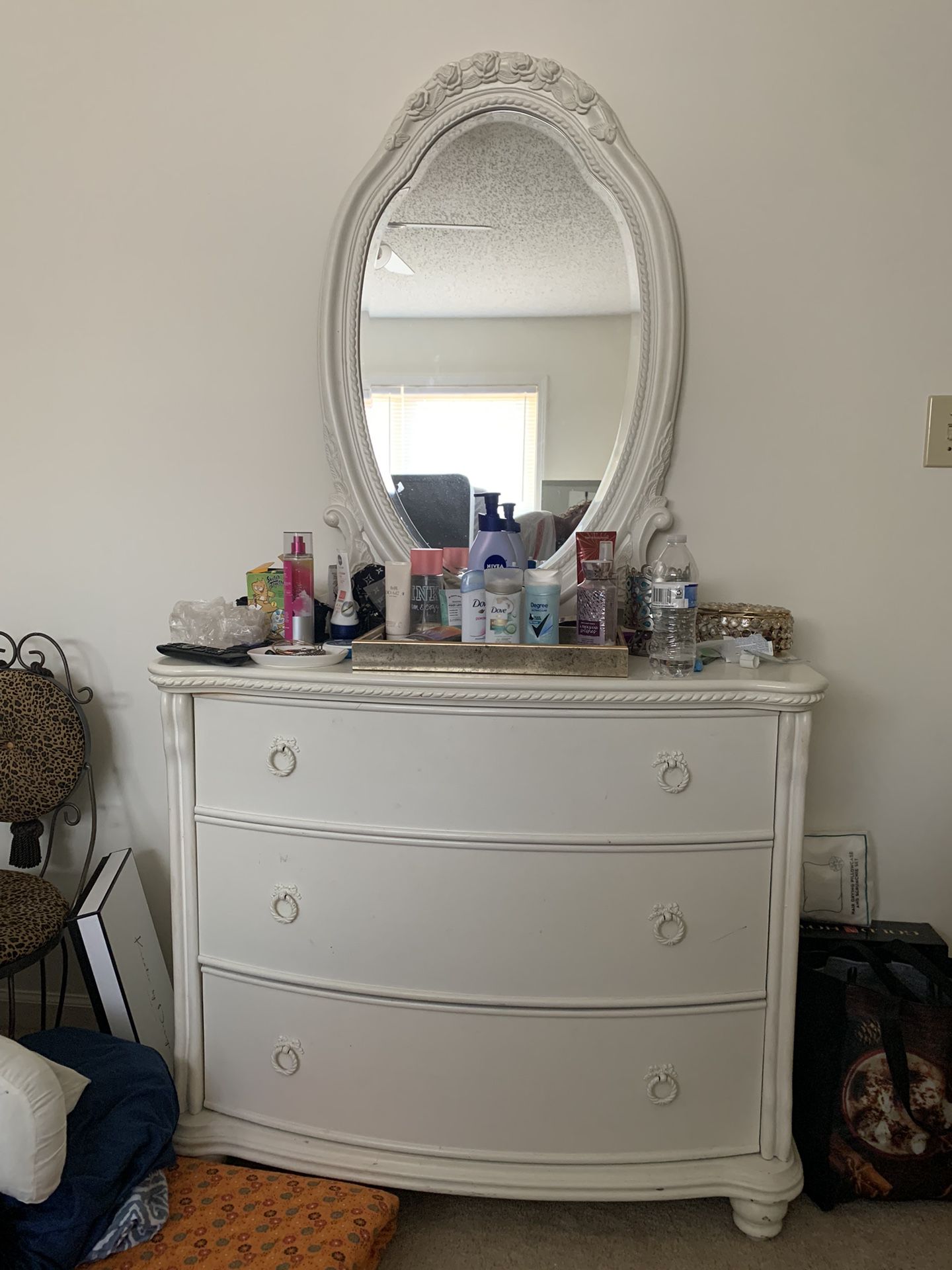 Antique Dresser And Mirror- Off White