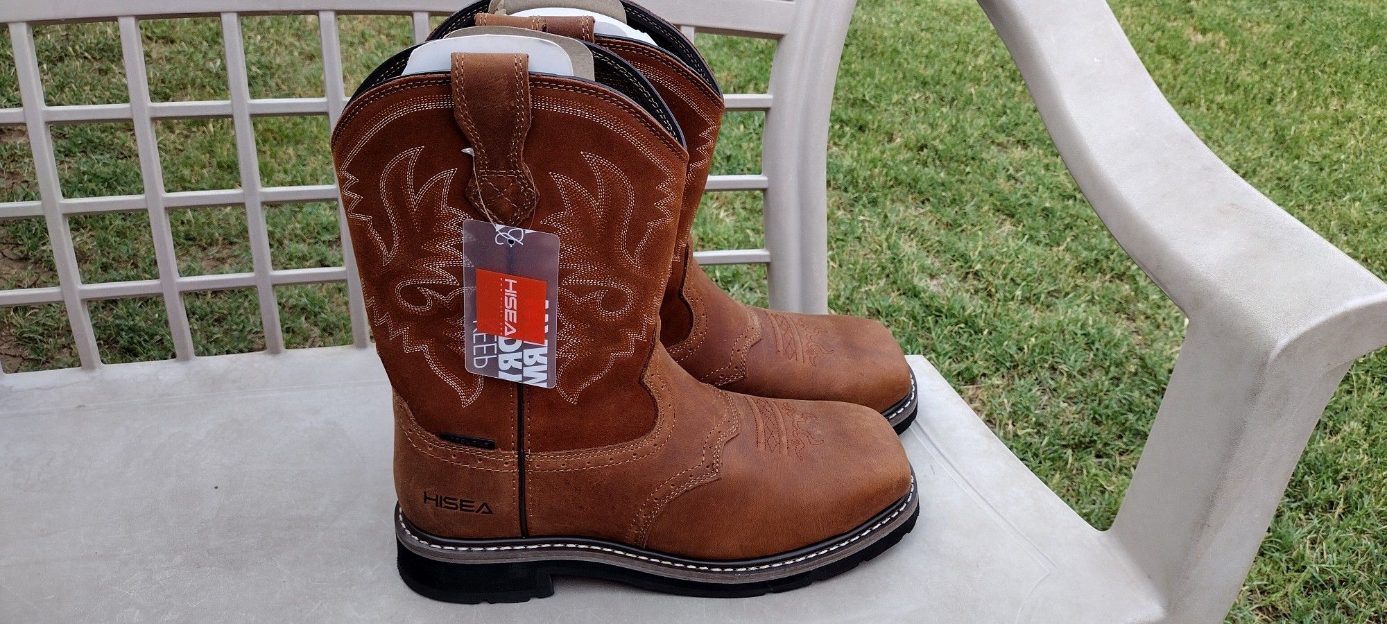 HISEA NINGO Men's Western Cowboy Boots Waterproof Square Toe Steel/Soft Toe Work Boots Comfortable Men's Slip On Pull On Safety Toe Leather Work Shoes