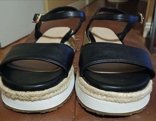 Kelly &Katie Nicie wedge sandals size 9M/40 black leather straps and braided espadrille platform. Faux-leather straps used