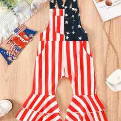 Toddler Baby Girl Romper 4th of July Outfits American Flag Romper Bell Bottoms Star Striped Overall Jumpsuit