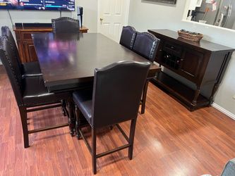 Dark Wood Counter Height Dining Table with 6 Chairs & matching buffet