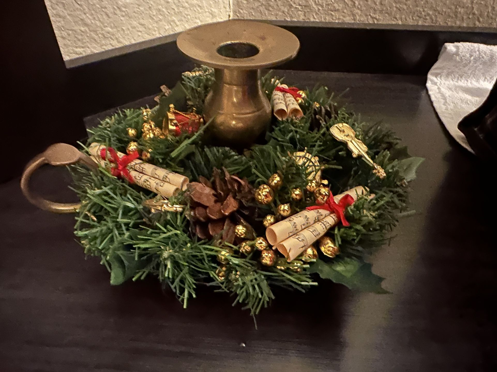 Antique Brass Candle Holder With Christmas Garland Ring