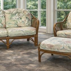 3 piece Rattan and Bamboo loveseat, lounge chair, and ottoman set