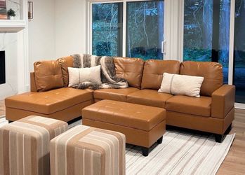Carmel leather sectional couch and ottoman