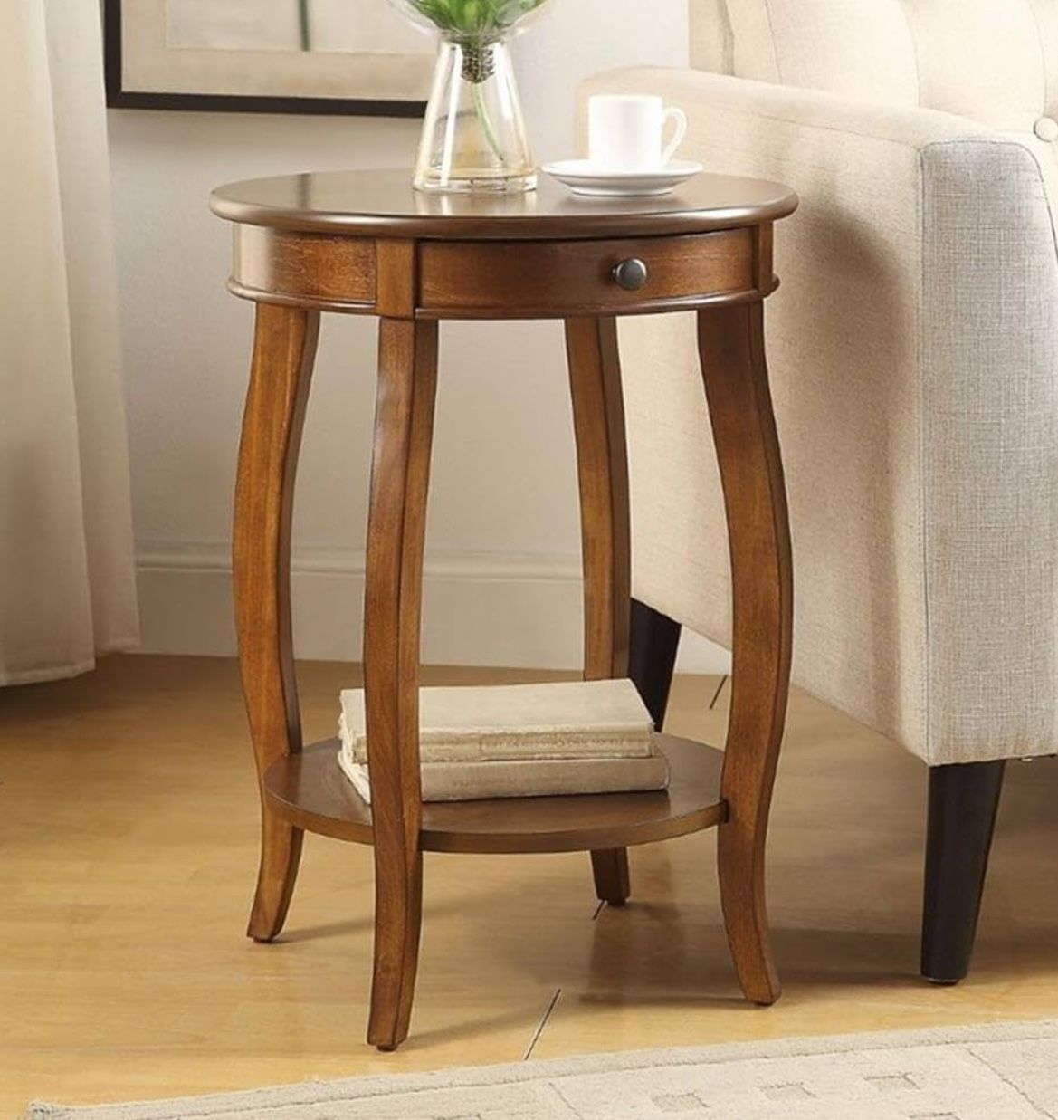 Wooden Round End Table with Bottom Shelf in Walnut