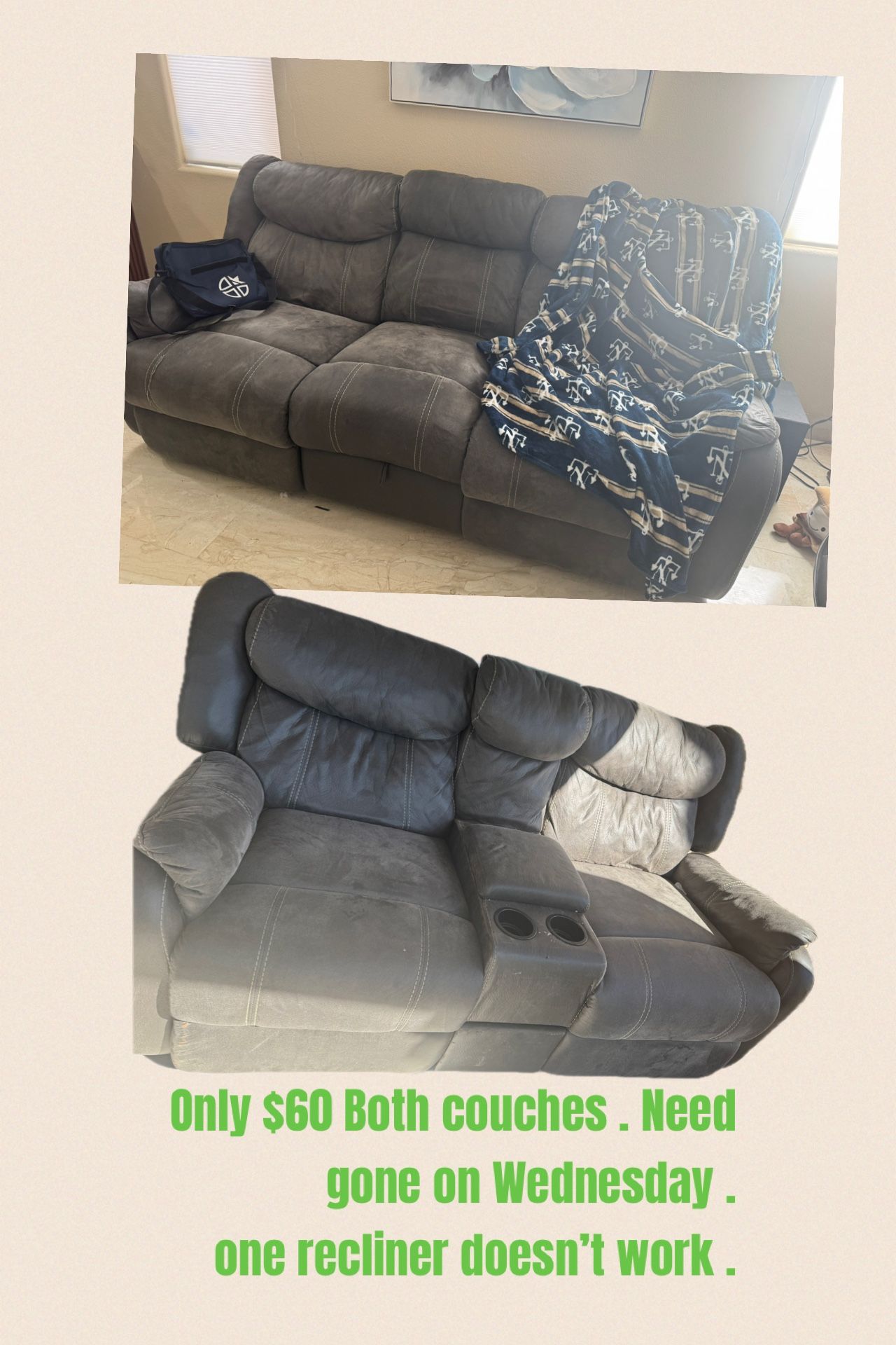 Cheap Comfortable Reclining Couch Set Need Gone !