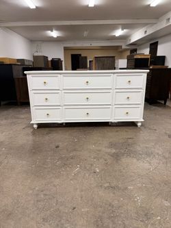 White 9 Drawer Dresser with Gold Hardware – 63” Long