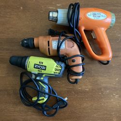 Electric Drills (Ryobi/Chicago) And Heat Gun Set $70