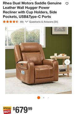 Sillón Rhea Dual Motors Saddle Genuine Leather Wall Hugger Power Recliner with Cup Holders, Side Pockets, USB&Type-C Ports