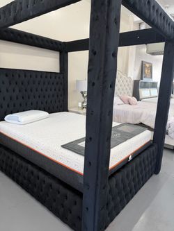 Black Velvet Tufted Four-Poster Canopy Bed Frame