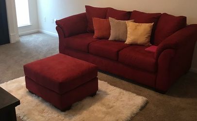 Red Microfiber Sofa with Ottoman