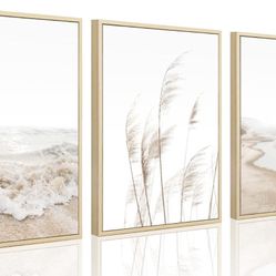 835-Beach Wall Art Boho Prints Coastal Canvas Wall Art FRAMED Beach Pictures Pampas Grass Ocean Poster Plant Landscape Scene Artwork for Living Room B