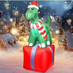 Brand New 5FT Christmas Blow Up Yard Decorations Dinosaur, Christmas Inflatable Outdoor Decoration Indoor Dinosaur Gift Boxes with Built-in Bright LED