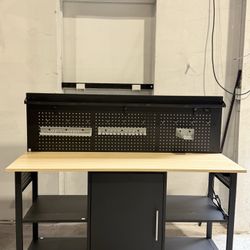60" Garage Workbench with Pegboard and Storage Cabinet, 2000 LBS Load Capacity, Heavy Duty Wood Work Table with Power Outlet, Open & Enclosed Storage 