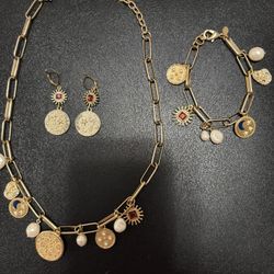 Gold Necklace, Bracelet And Earrings 
