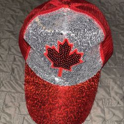 NEW CANADIAN SEQUIN FANCY BASEBALL CAP adjustable red silver ONE SIZE