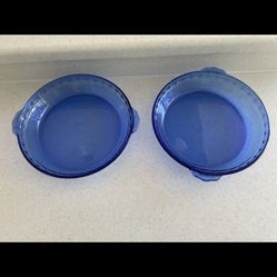 Pyrex Pie Plates Set 2 Cobalt Blue Glass 9.5" Dish Handles Vintage