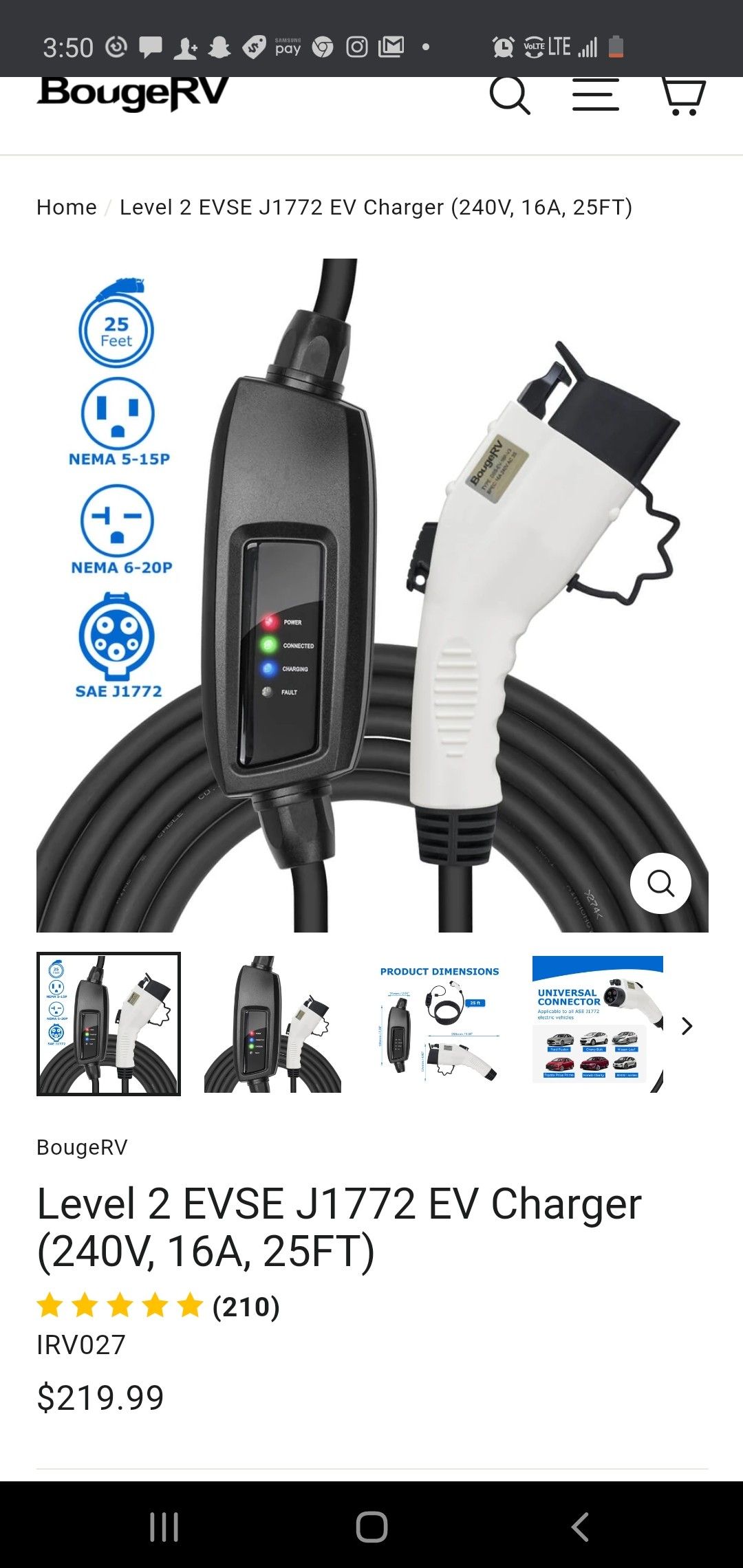 $150 BOUGE RV ELECTRIC CAR CHARGER CABLE