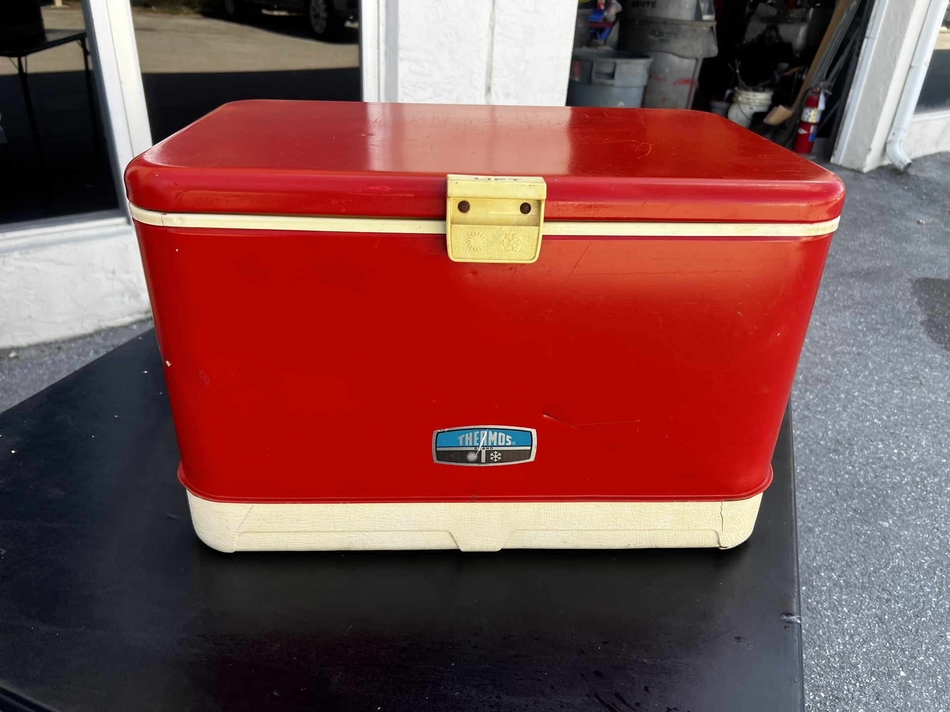 Vintage 1970s Retro Red Thermos Brand Metal Ice Chest Cooler Bottle Opener