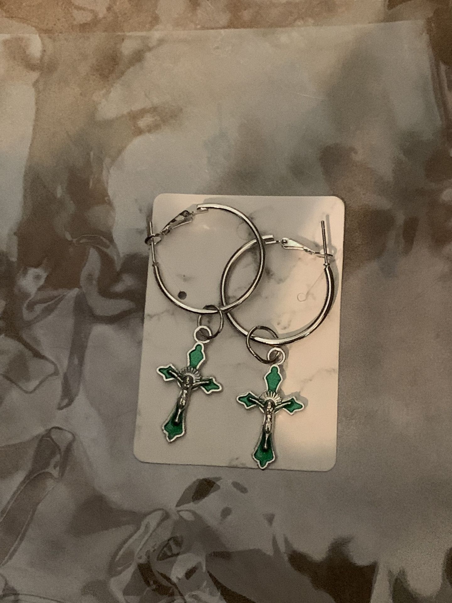 Green Cross Hoop Earrings