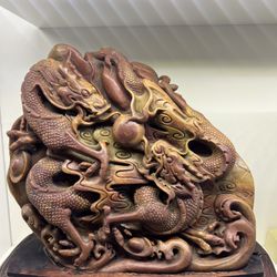 Hand Carved Shousan Stone Double Dragons With Fire Ball