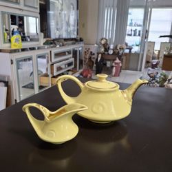 Vintage 1950's 2 PC Tea Set Hand Decorated With 22K Gold, Butterscotch Genie Teapot & Creamer By Pearl China Co-SEE DESCRIPTION 