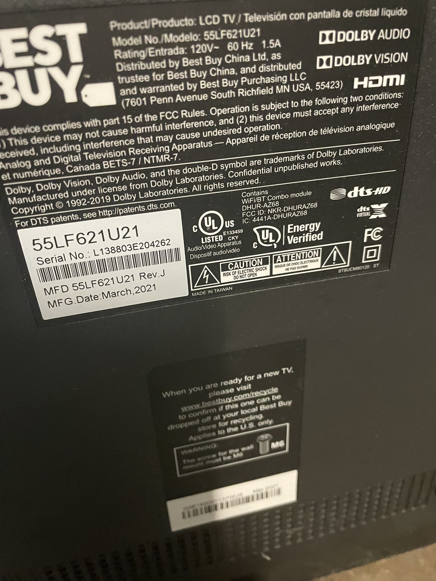 Toshiba 55 Inch Broken CPU Great Screen 