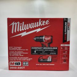 New Milwaukee 3602-22CT M18 18V Compact Brushless 1/2" Hammer Drill/Driver