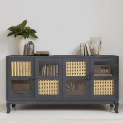 Gray Sideboard W/ Rattan & Glass Doors