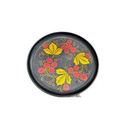 vintage Russian folk art hand painted lacquer wood plate 8.5” x .75”