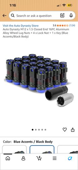 Auto Dynasty M12 × 1.5 Closed End 16PC Aluminum Alloy Wheel Lug Nuts + 4 x Lock Nut + 1 x Key (Blue Accents/Black Body)