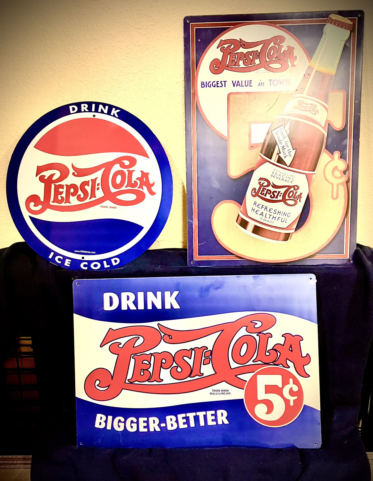 Pepsi Metal/ Tin Lot Of 3 Signs Excellent Condition