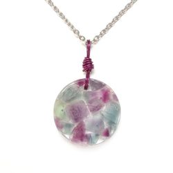 Purple blue green genuine fluorite round pendant on silver necklace new resin 