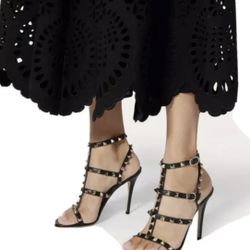 Valentino Rockstud Caged Calfskin Ankle Strap Heel Sandals Sz 39 With Box Black