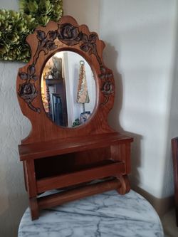 Vintage Carved Wood Wall Mirror with Shelf and Towel Bar
23"x 13"x 5' Solid Wood.