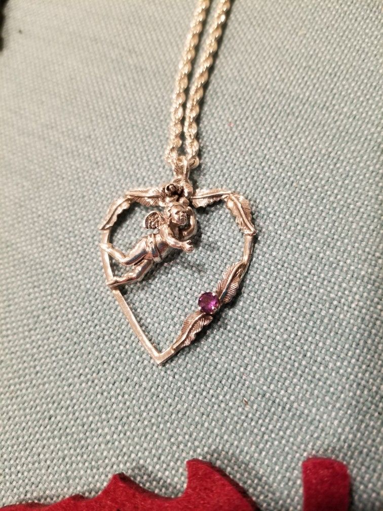 Sterling Silver Amethyst Heart Cherub Necklace