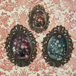 Vintage Italian Ornate Brass Frames with Vintage Moody Floral Prints in Convex Glass - Set of 3