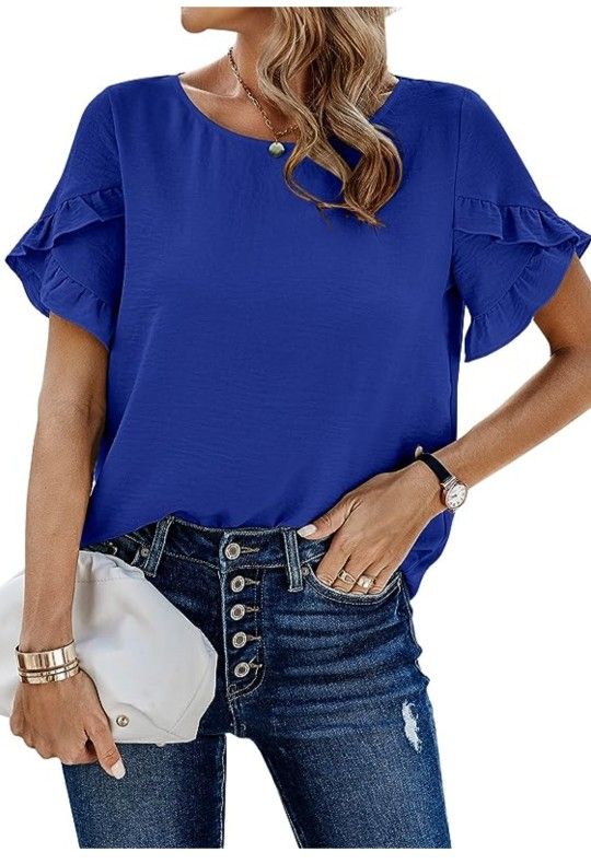 Womens Casual Ruffle Tops: Short Sleeve Summer Blouses Soild Crewneck Tunics Shirts