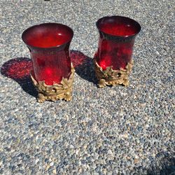 Gold Holly Ruby Red Candleholders Sanctuary Christmas Decor (2)